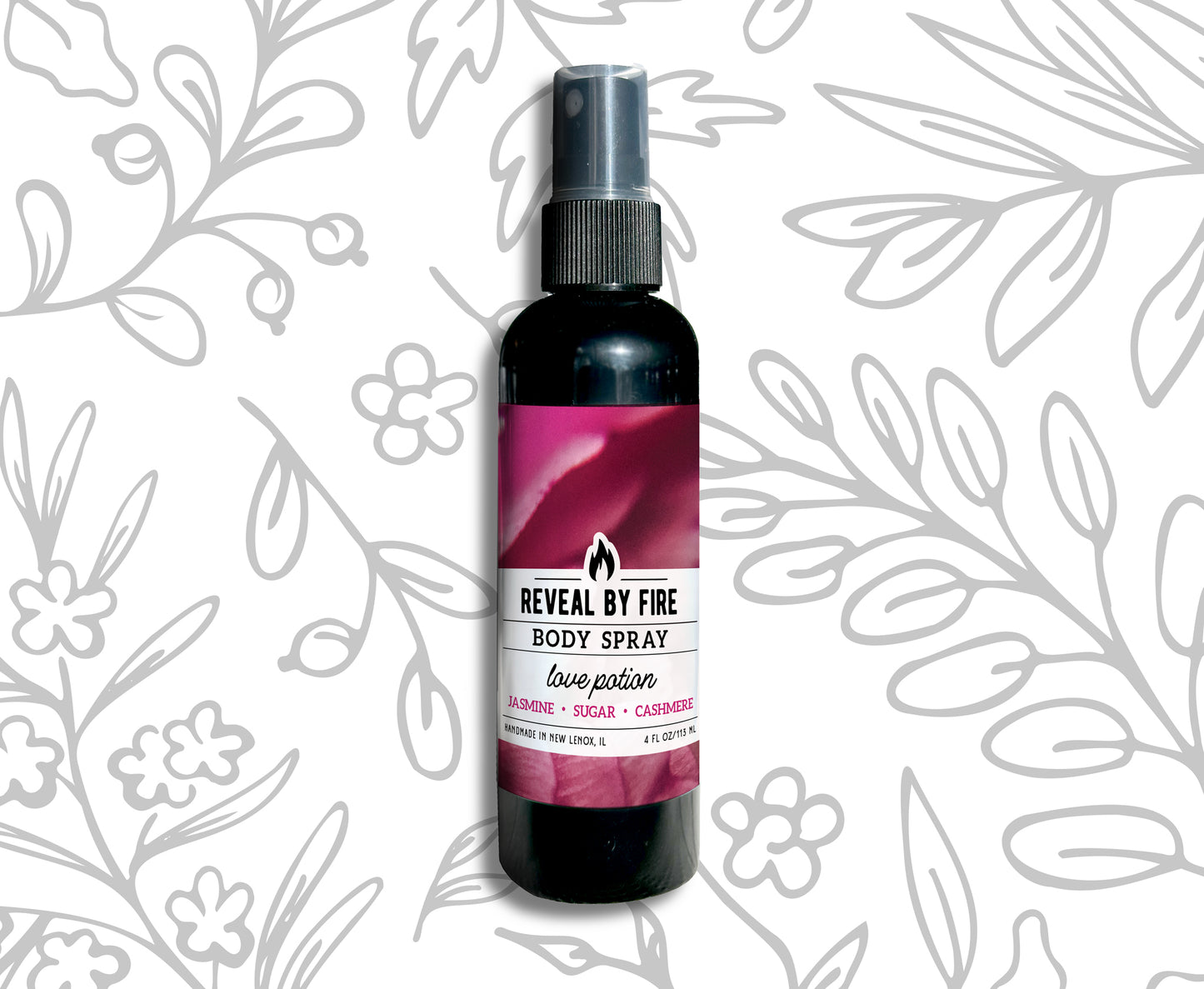 Photo of 4oz Body Spray in the LOVE POTION scent with a line drawing background.